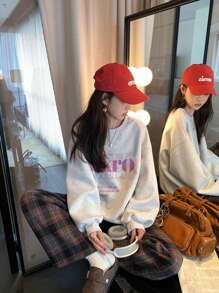 Loose & Slouchy Design Raglan Sleeve Women Sweatshirt,Long Sleeve Tops Casual - Light Grey - View 3