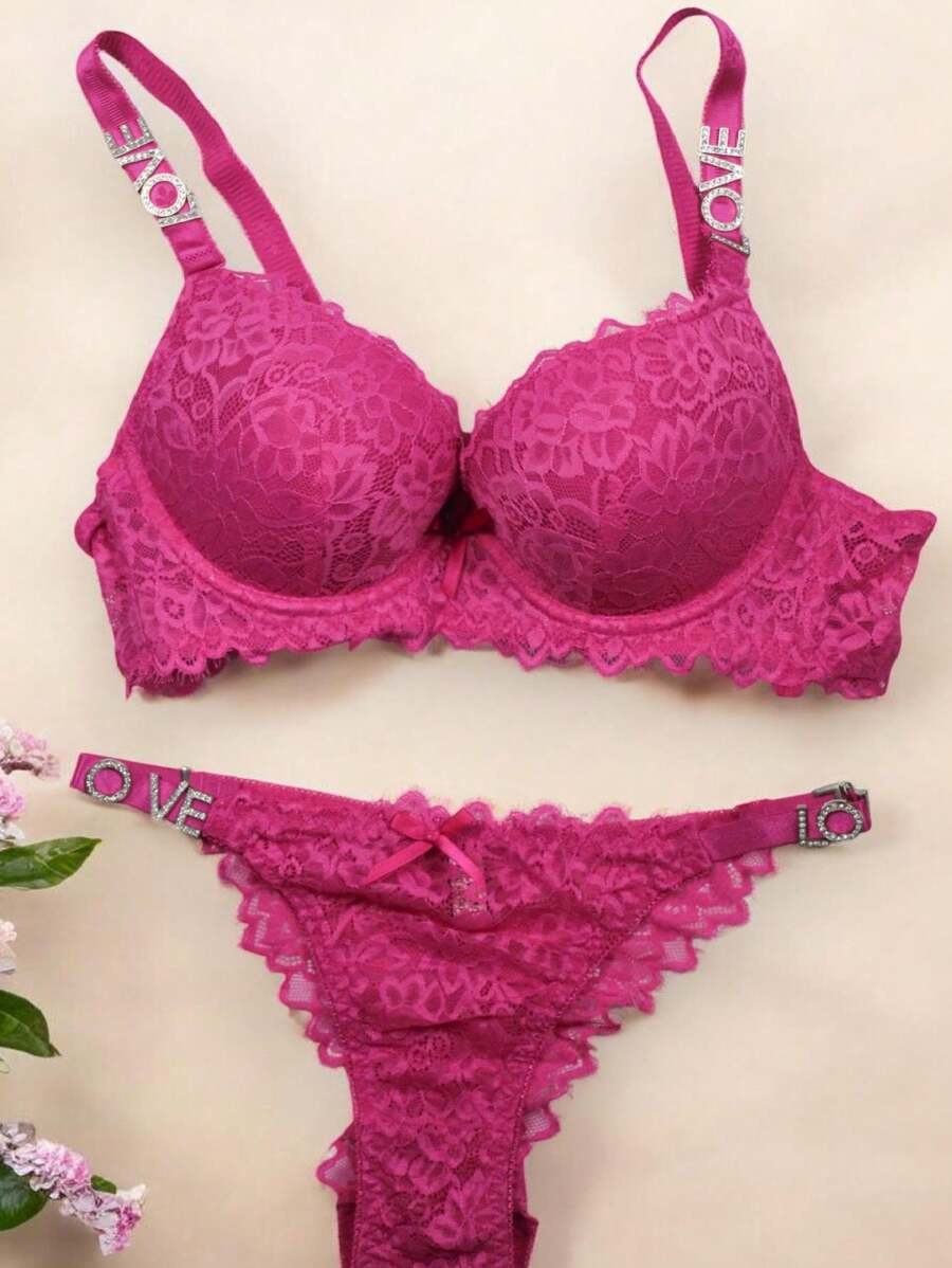 Beautiful B Cup Bra With Thong Coordinate, Floral Design And Lace Details, Adjustable Straps, LOVE Phrase, Various Colors, Premium Quality. - 粉色 - 查看 1
