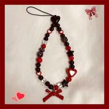 手工制作的 INS 风格串珠手机挂绳，配有蝴蝶、蝴蝶结和心形吊坠，简约相机带吊饰，适合送给母亲、家人、朋友、生日、节日手机吊饰、手机链的礼物 - 黑珠紅白愛心蝴蝶結掛繩 - 查看 1