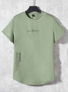 Men's T-Shirt With Printed Slogan Short Sleeve 100% Cotton - 軍綠色 - 查看 1