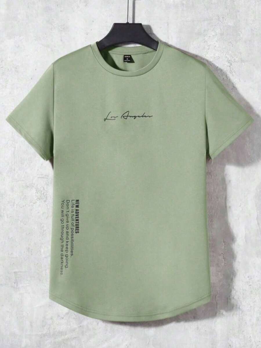 Men's T-Shirt With Printed Slogan Short Sleeve 100% Cotton - 軍綠色 - 查看 1