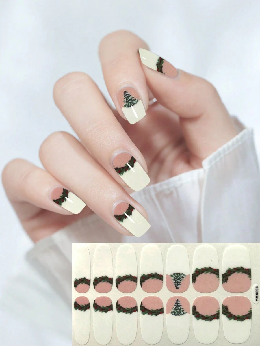 14 件圣诞指甲贴纸 - 中号椭圆形自粘指甲贴花，现代简约风格，适合女性和女孩、派对和舞会；1 个指甲锉 - 彩色 - 查看 1