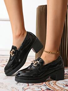 2024 Jesień Nowe Damskie Wysokie Obcasy Oxford Buty, Czarne Grube Podeszwy Grube Obcasy, Małe Skórzane Buty, Metalowy Łańcuch Akcent, Casual Loafers - Czarne - Zobacz 6