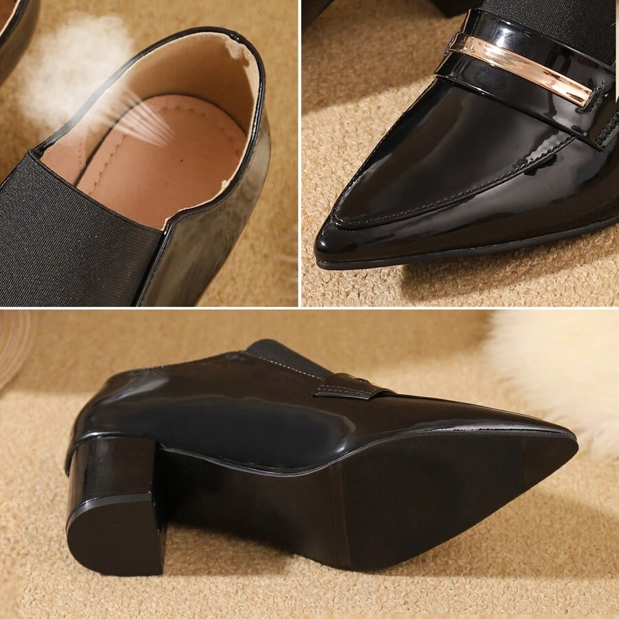 1 双女士黑色尖头高跟乐福鞋，松紧带粗跟舒适秀鞋 - 黑色 - 查看 1