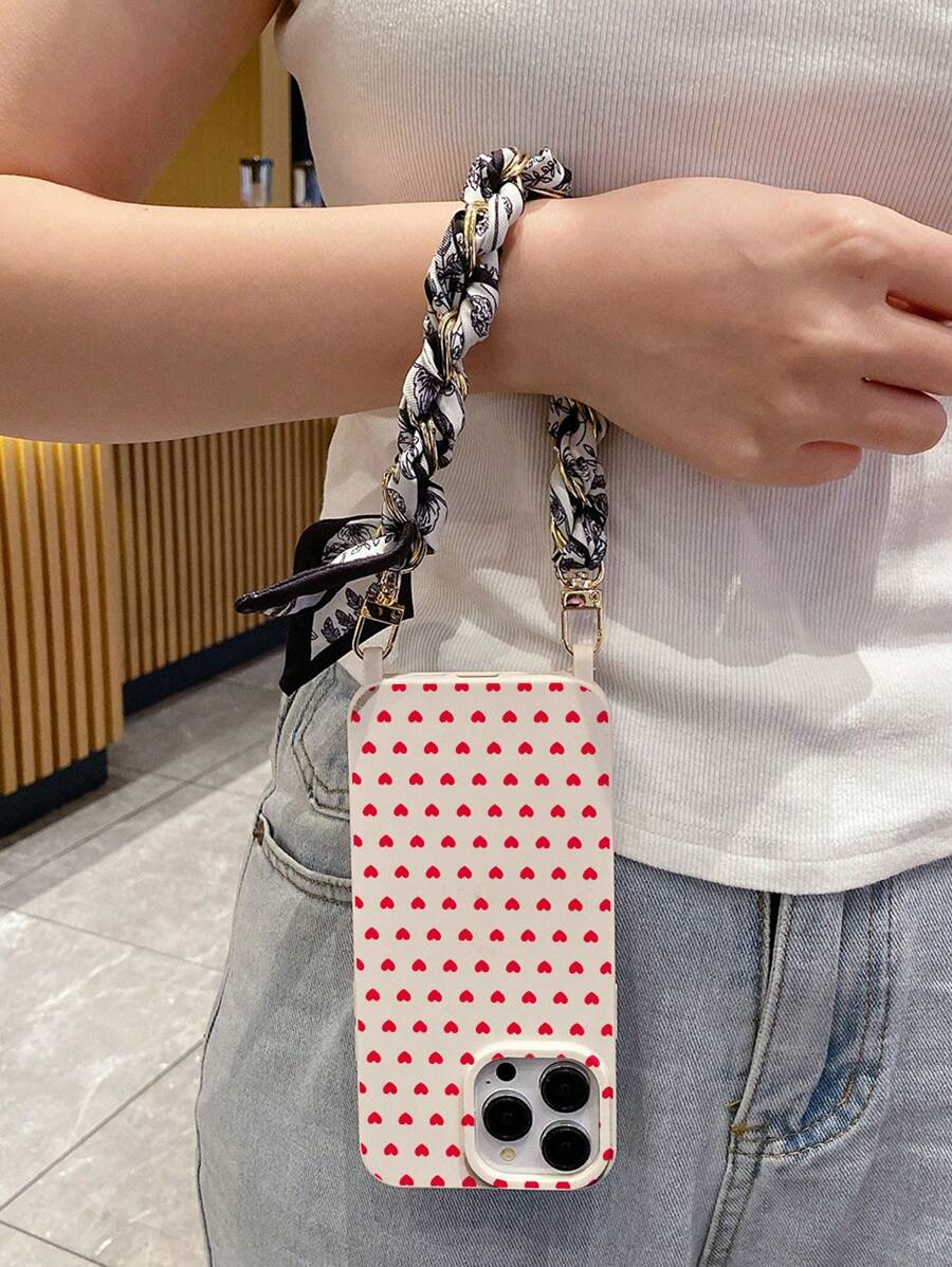 全身心形图案穿孔腕带手机壳、斜挎带、腕带编织手链链、可拆卸、兼容 iPhone 16/16 Pro/16 Pro Max/16 Plus/14 Pro Max 双挂绳保护壳、iPhone 15 Pro Max/13、柔软硅胶、米色、背包式可调节挂绳 - 彩色 - 查看 1