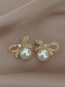 6pcs/Set Fashionable Crystal Bowknot Faux Pearl Teardrop Earrings, Sweet & Versatile For Daily Or Occasions, No Box Valentines - Six-piece Set - View 7