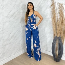 Pantaloons Set, Cropped Top With Tie At The Back, Long Jumpsuit Style, Casual Social, Pantaloons With Elastic At The Back, Cropped With Single-Breasted Cups - Quần jean hoa xanh - Xem 1