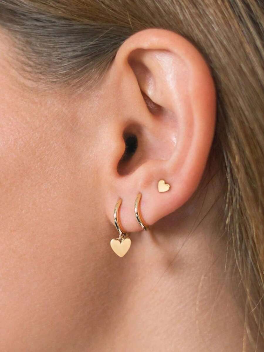 3 对/套金心形耳环、14K 镀金叠层耳环套装、心形吊坠耳环、圆形环状耳环、心形耳钉，适合女士 - 送给她的时尚简约精致珠宝礼物 - 金色 - 查看 1