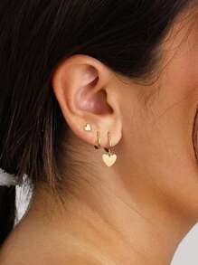 3 对/套金心形耳环、14K 镀金叠层耳环套装、心形吊坠耳环、圆形环状耳环、心形耳钉，适合女士 - 送给她的时尚简约精致珠宝礼物 - 金色 - 查看 2