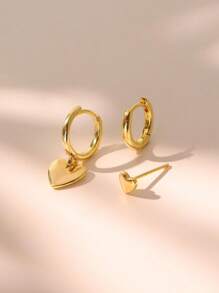 3 对/套金心形耳环、14K 镀金叠层耳环套装、心形吊坠耳环、圆形环状耳环、心形耳钉，适合女士 - 送给她的时尚简约精致珠宝礼物 - 金色 - 查看 3