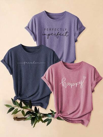 3 PiecesMixed Pack Retro Style Letter Print Comfortable T-Shirt, Casual Crew Neck Short Sleeve Sports Tops For, Women's Clothing