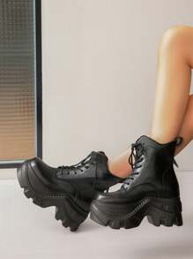 Giày bốt Biker đế tròn buộc dây thời trang thu đông cho nữ, giày đen - màu đen - Xem 2