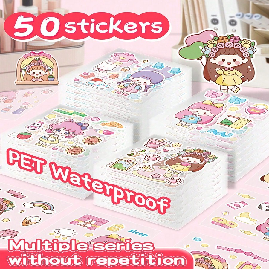 100pcs/Set NonRepeated PET Stickers, Adorable Cartoon Stickers For