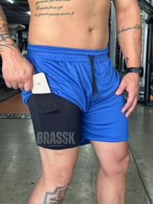 Men's 2 In 1 Dry Fit Lined Bermuda Shorts Gym Running Training With Elastane - azul real - Ver 3