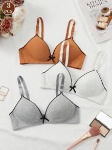 3 piezas Ropa interior suave y sin aros de colores sólidos para niña, sostén cómodo y casual