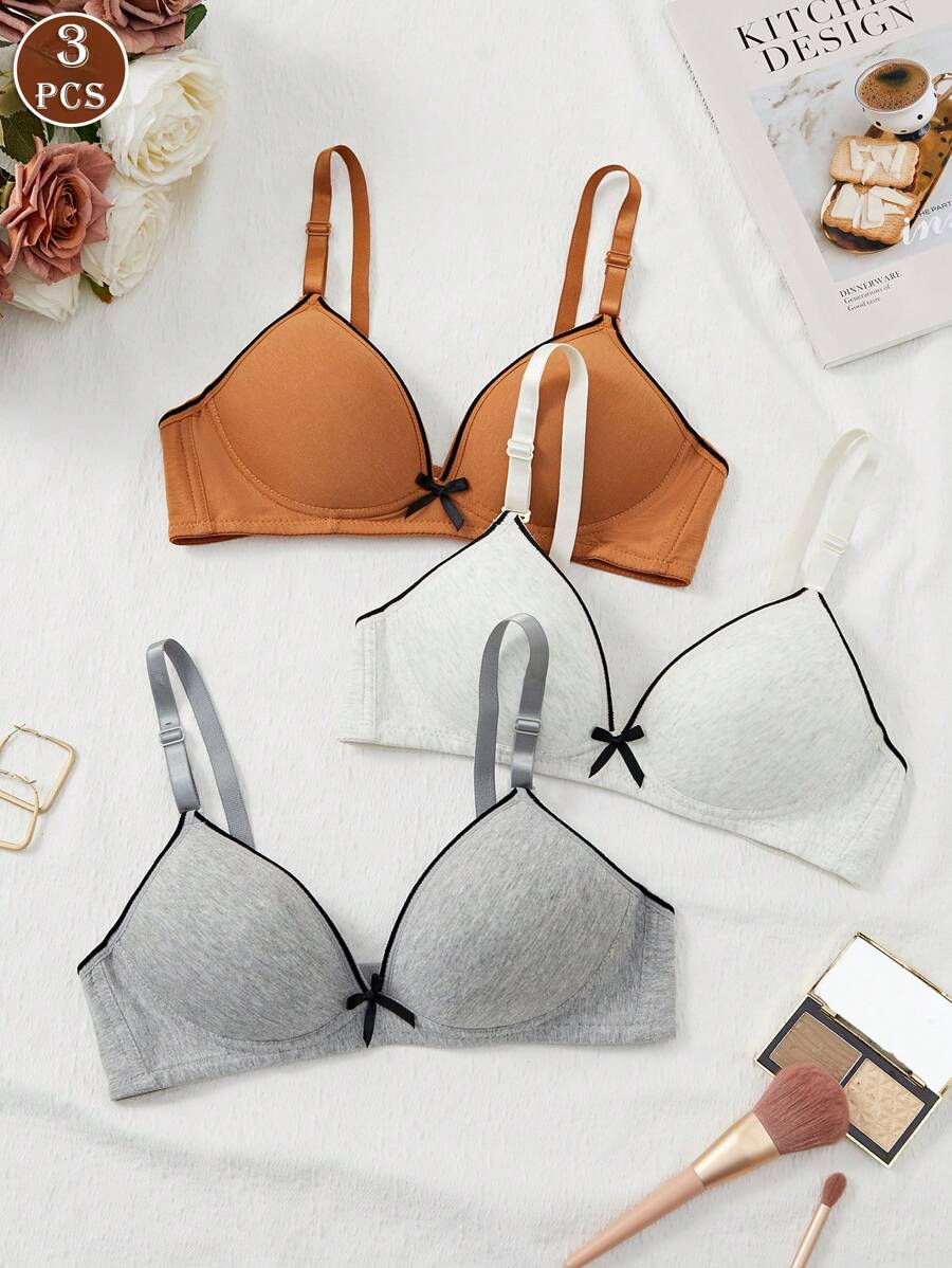 3 piezas Ropa interior suave y sin aros de colores sólidos para niña, sostén cómodo y casual