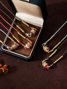 1Pc Colorful Hand Woven Rope Cylindrical Lucky Pendant Necklace, Inlaid With Zirconia, Colored Oil Droplets, Electroplated With Genuine Gold For Color Preservation, Suitable For Daily Wear And Holiday Gifts - Multicolor - View 4