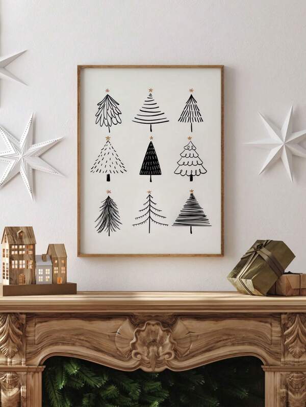1pc Unique Festive Black And White Cartoon Christmas Trees Canvas Print For Modern Apartment Or Retro Office Wall Art Decoration - Perfect Holiday Christmas Gift, Unframed Christmas Decoration XMAS Decor Christmas Tree Gift Decor Thanksgiving Wedding Home Decor Home Decor Fall Decor Autumn Decor Birthday Decorations For Gifts Party Supplies Indoor Holiday Festival Decor Halloween Decor Wall Decor Halloween Ornaments