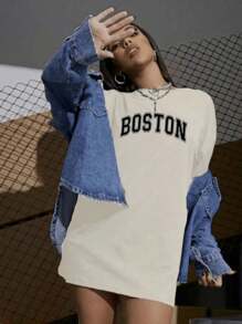 Women's Oversized Boston 100% Cotton T-Shirt New Release - Màu be - Xem 2