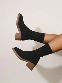 New Women Fashion Minimalist Chunky Heel Slip-On Breathable Knitted Ankle Boots And Short Boots