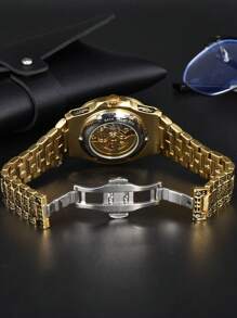 LONGLUX 1pc Men's Hollow Automatic Mechanical Movement Engraved Retro Numeric Scale Waterproof Watch - Multicolor - View 5