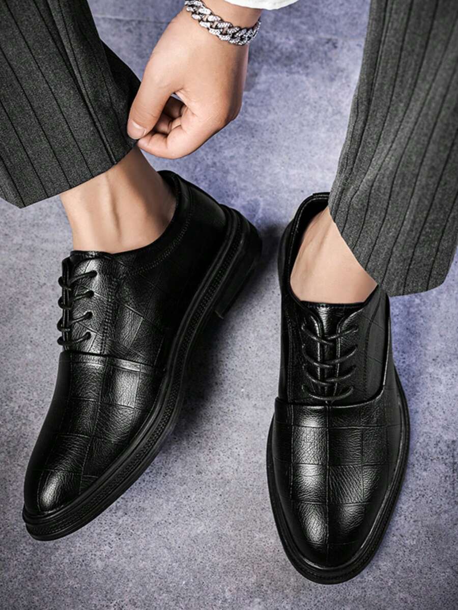 Giày tây nam họa tiết vuông trang trọng, giày da bóng cổ thấp buộc dây cho công sở/văn phòng