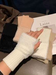 1 双女士保暖半指手套，纯色针织天鹅绒腕手套，露指手套，适合办公室/学生冬季 - 白色 - 查看 2