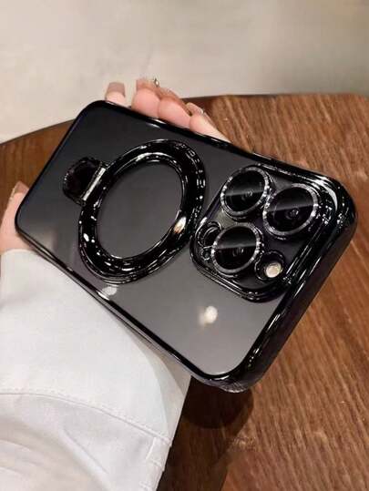 1pc Transparent Electroplated Shockproof Silicone Phone Case With Metal Sliding Stand/Shockproof Phone Case, TPU Material, Suitable For IPhone 15 Pro Max/16 Pro Max/16 Pro/11/12/13/14 Pro Max/14 Pro/13 Pro Max/16, 17, 17 Pro, 17 Pro Max, S24, S24 Ultra, S25, S25 Ultra, Supports Wireless Magnetic Charging