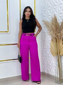 Wide Leg Tailored Dress Pants With Thin Belt - 玫瑰紅 - 查看 1