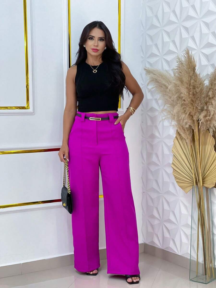 Wide Leg Tailored Dress Pants With Thin Belt - 玫瑰紅 - 查看 1