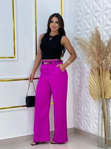 Wide Leg Tailored Dress Pants With Thin Belt - 玫瑰紅 - 查看 4