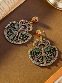 复古珠宝彩色水晶热带雨林猴子和鸟耳环，奢华夸张时尚欧美风格耳环 - 墨綠色 - 查看 1