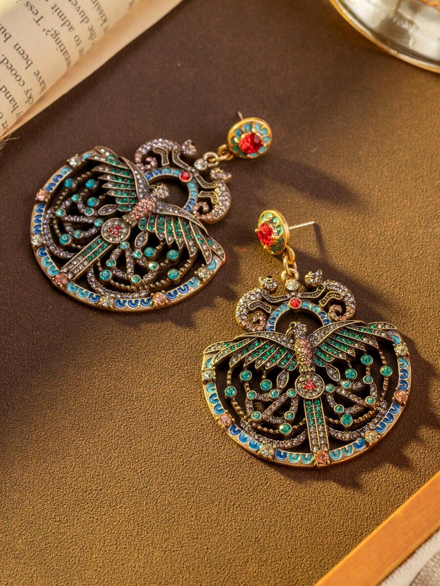 复古珠宝彩色水晶热带雨林猴子和鸟耳环，奢华夸张时尚欧美风格耳环 - 墨綠色 - 查看 1