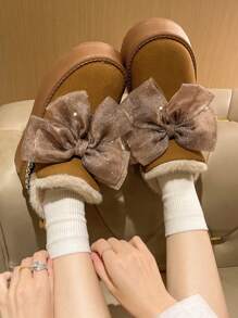 女士蝴蝶结装饰保暖防滑毛绒雪地靴 - 棕色 - 查看 3