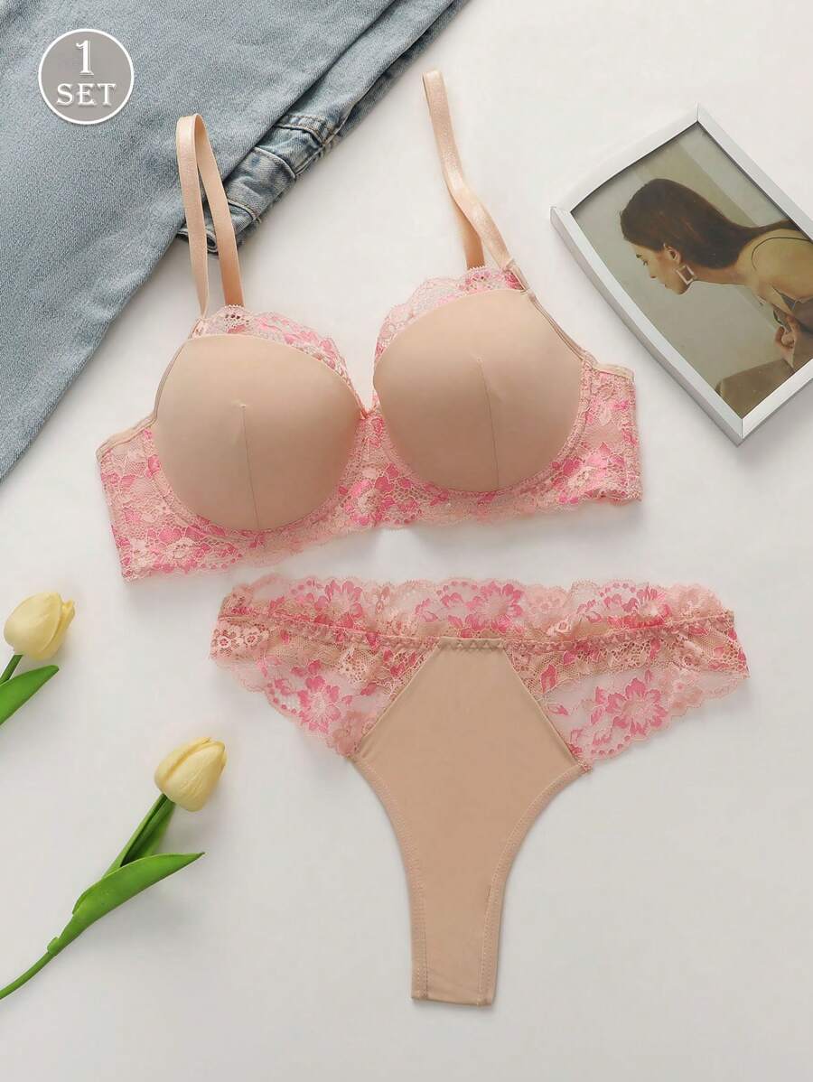 1 套女士性感蕾丝拼接舒适聚拢钢圈文胸套装 - 彩色 - 查看 1