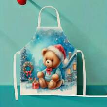 1 件圣诞圣诞熊 3D 图案亚麻围裙，适合家庭烹饪、厨房穿着和烹饪爱好者 - 彩色 - 查看 8