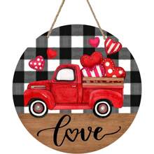 1 件情人节快乐心形装饰，农舍红色卡车心形木门挂件，黑白水牛格子木花环装饰，室内/室外壁挂最佳情人节礼物 - 彩色 - 查看 1