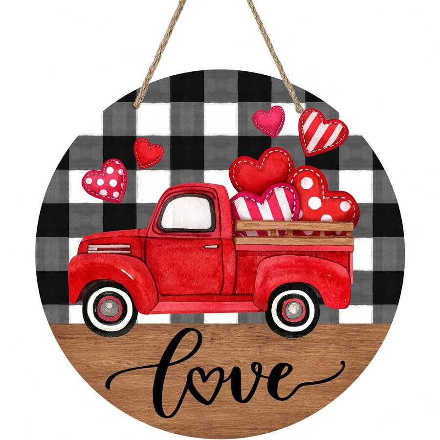 1 件情人节快乐心形装饰，农舍红色卡车心形木门挂件，黑白水牛格子木花环装饰，室内/室外壁挂最佳情人节礼物 - 彩色 - 查看 1