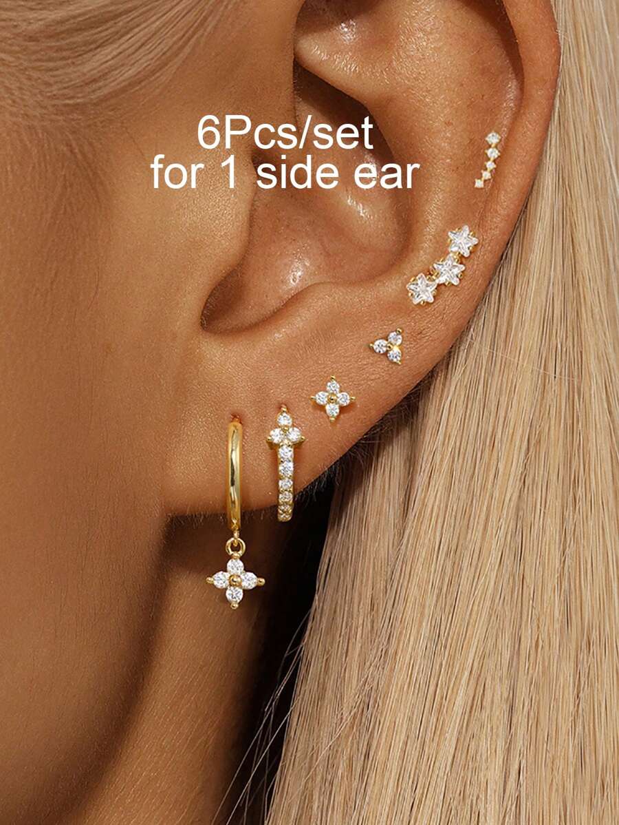 Set de 6 piezas (para 1 oreja) Juego de aretes para mujeres con circonita chapada en oro, accesorios de joyería para vacaciones y fiestas