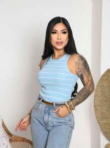 Basic Striped Ribbed Tank Top Casual Fashion - 淡藍色配白色 - 查看 2