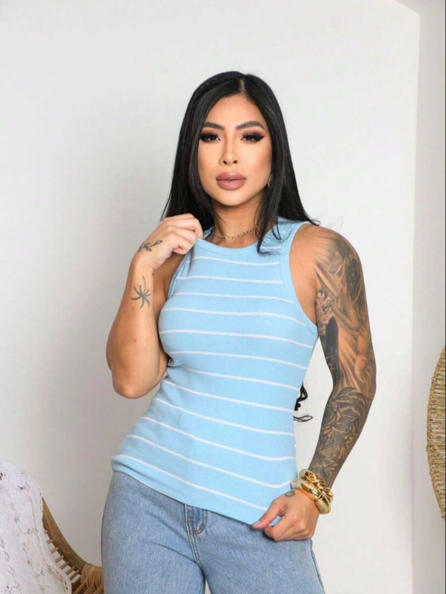 Basic Striped Ribbed Tank Top Casual Fashion - 淡藍色配白色 - 查看 1
