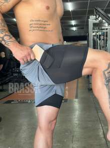 Men's 2 In 1 Dry Fit Lined Bermuda Shorts Gym Running Training With Elastane - Gris Oscuro - Ver 2