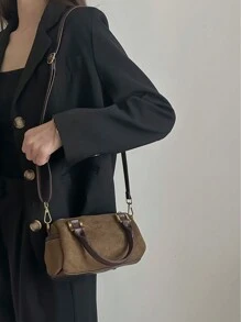 Sac à bandoulière/porté travers en velours rétro, sac boston en forme d'oreiller pour femmes, nouveau style coréen pour l'automne/hiver - Tabac - Voir 5