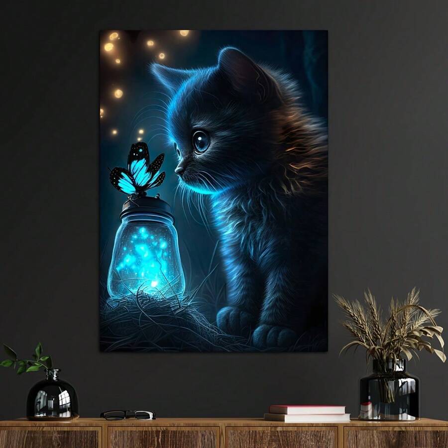 Tranh in nghệ thuật vải canvas hình con bướm và mèo huỳnh quang màu xanh hiện đại - Trang trí tường không khung cho phòng ngủ, phòng khách và hành lang - Nhiều màu - Xem 1