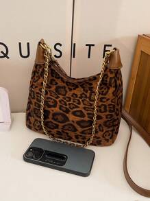 Túi đeo vai giả da lộn họa tiết da báo thời trang, thích hợp cho kỳ nghỉ, du lịch, dạo phố, đeo chéo, dây xích kim loại tối giản giản dị, sức chứa lớn cho phụ nữ - màu nâu - Xem 9