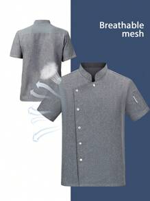 Uniforme premium a medida para chef de manga corta, tela de verano con malla transpirable, suave y amigable con la piel, transpirable, adecuado para cocina culinaria, panadería, cocina de hotel, restaurante, cafetería, comedor, chaqueta de chef de manga corta gris con diseño de botón diagonal y pespunte, lavable y resistente a la contracción - Gris - Ver 1