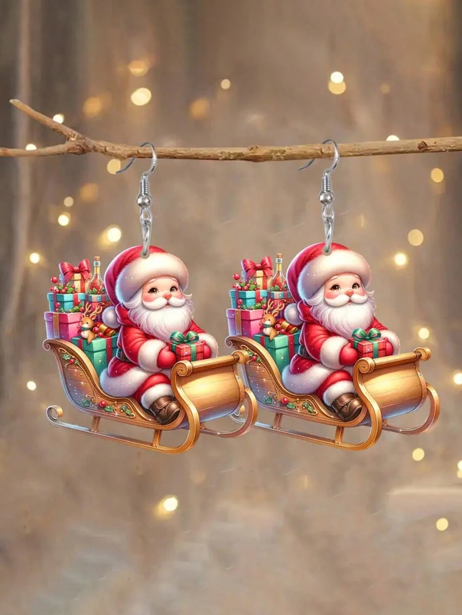 1 对女士圣诞圣诞老人礼物吊坠耳环 - 双面卡通设计，亚克力和不锈钢，送给她的完美节日礼物，圣诞装饰 - 彩色 - 查看 1