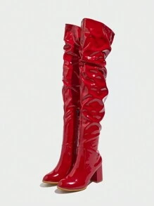 Women's Patent Leather Over-The-Knee Boots, Red Wedding/Dance Shoes, Leather Glossy Side Zip Chunky Heel Pleated Thigh High Boots For Fall/Winter - Red - View 4