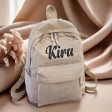 1pc Personalized Name Corduroy Casual Backpack, College Style Simple Streetwear Spacious Bag (Beige) - Beige - View 3