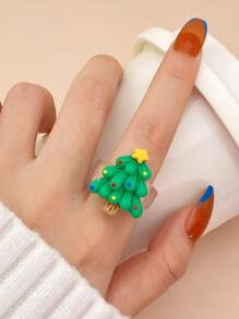 1set Christmas Cartoon Santa Claus, Reindeer, Snowman Design Resin Rings, Versatile Accessory Finger Rings For Women - Multicolor - View 5